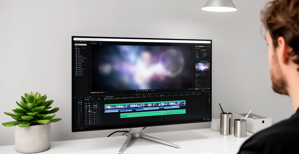 Interface de création vidéo avec timeline et sous-titres sur écran d'ordinateur dans bureau moderne