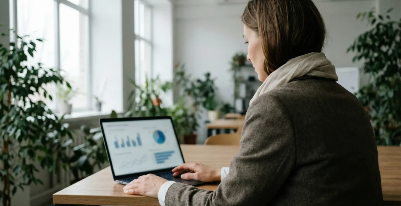 Responsable communication analysant les performances vidéo Facebook sur écran dans un bureau moderne