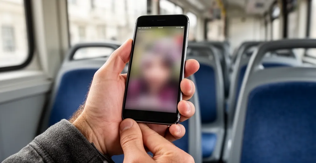 Main tenant smartphone affichant vidéo format carré pendant trajet en transport